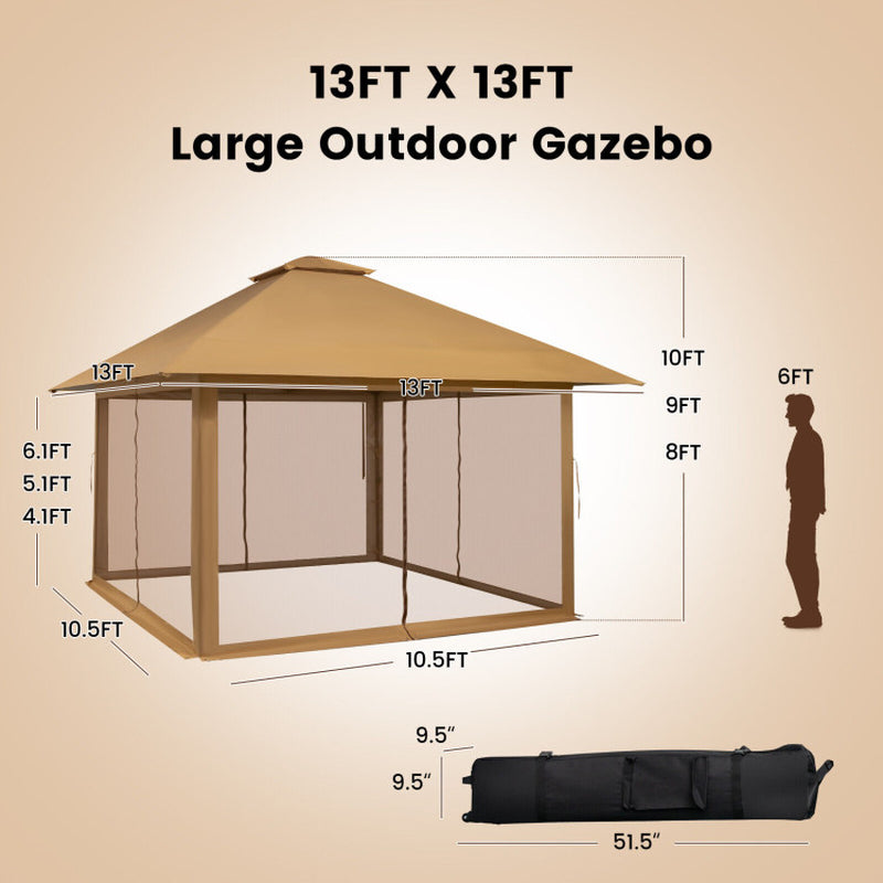 13x13 Pop Up Gazebo Canopy Tent With Mesh Sidewalls