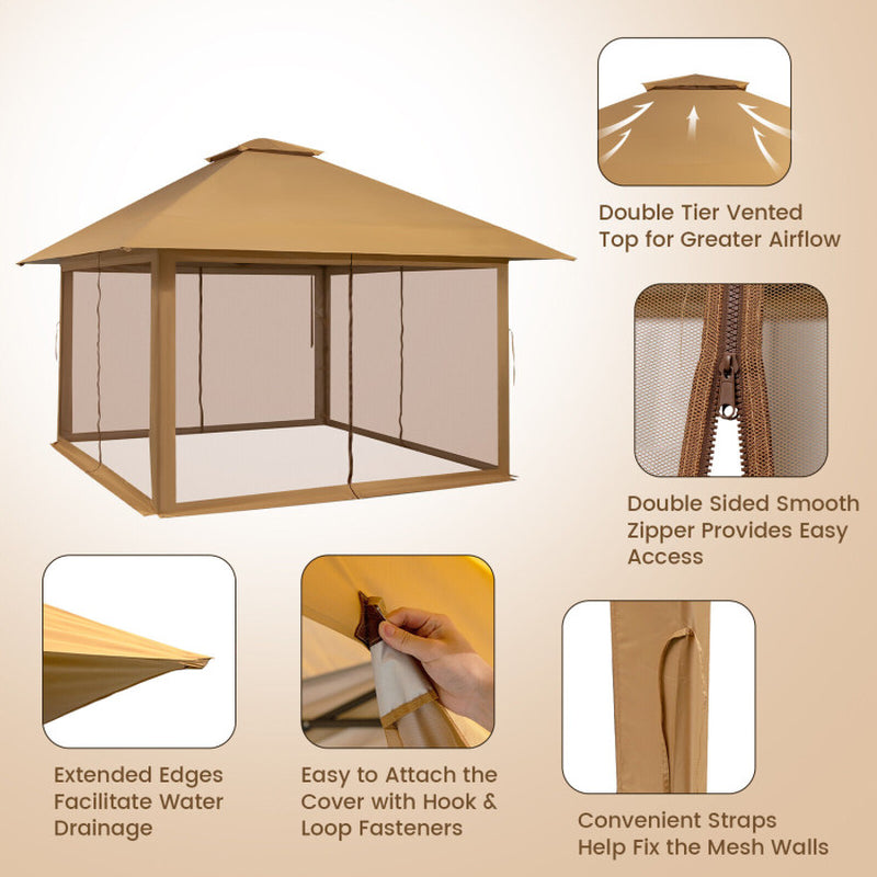 13x13 Pop Up Gazebo Canopy Tent With Mesh Sidewalls