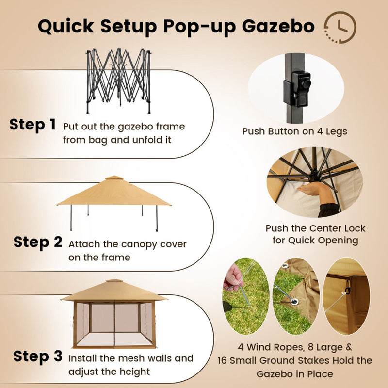 13x13 Pop Up Gazebo Canopy Tent With Mesh Sidewalls