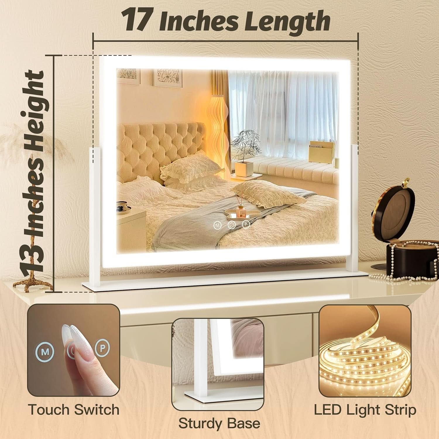 13x17 Makeup Vanity Mirror With Lights Dimmable Touch Screen