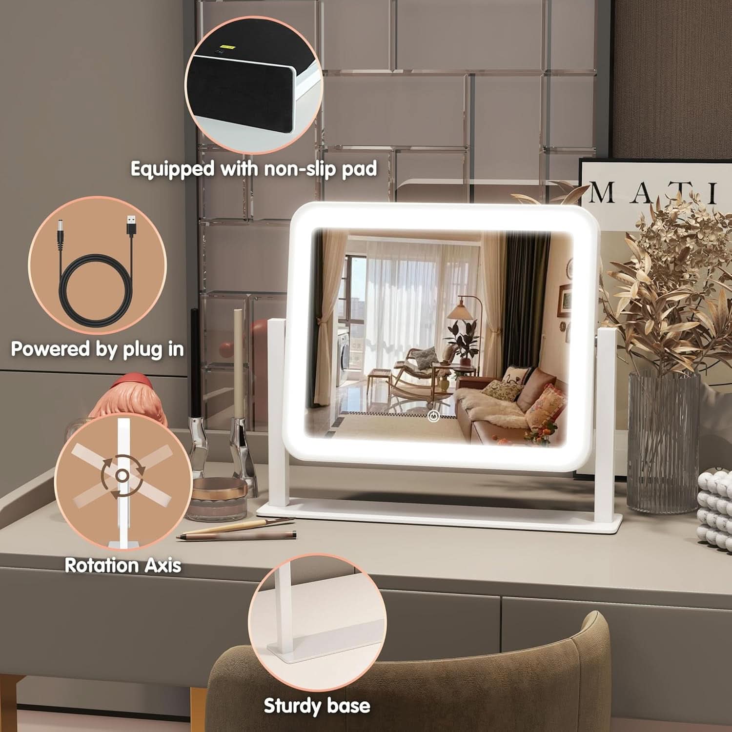 14 By 12 Inch Lighted Vanity Mirror With Dimmable 3 Color Lighting