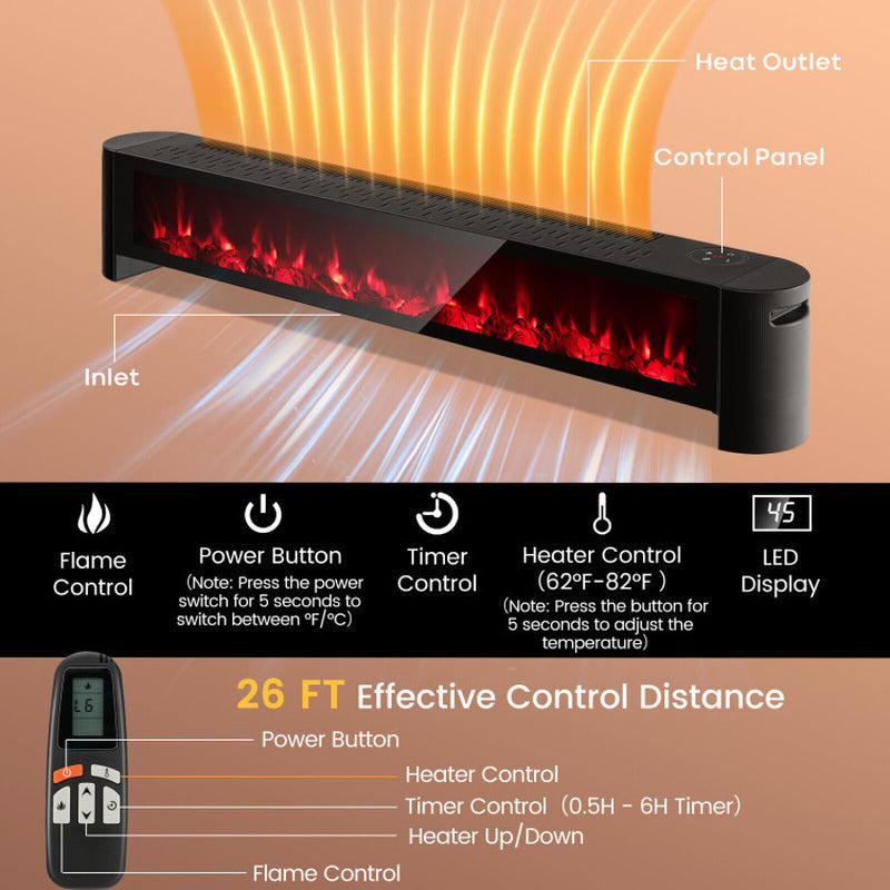 1400W Baseboard Electric Heater With Multicolor Flame