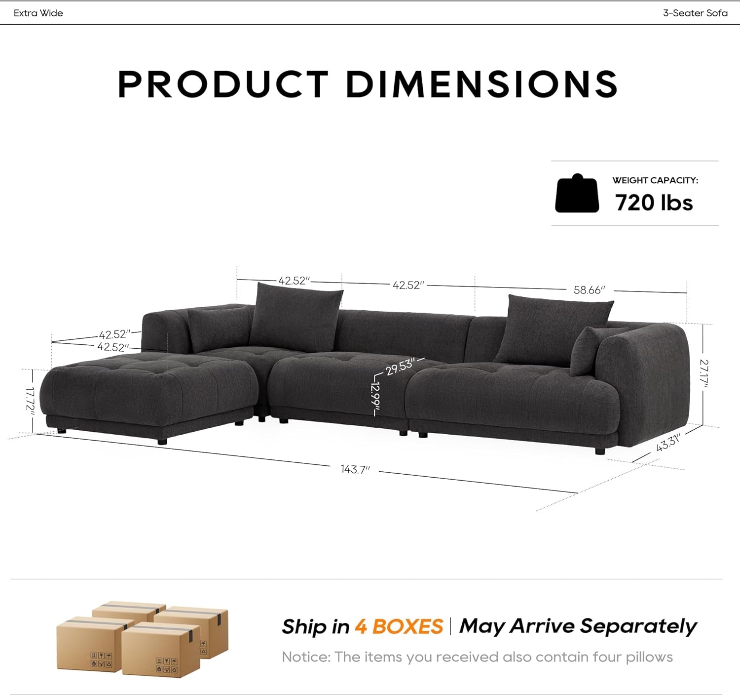 144 Inch Cloud Sectional Sofa With Ottoman In Gray