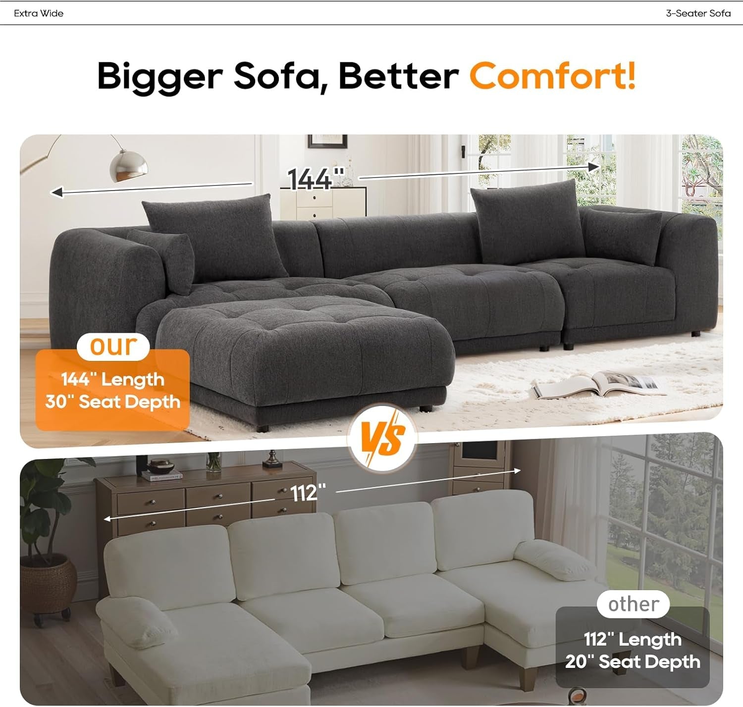 144 Inch Cloud Sectional Sofa With Ottoman In Gray