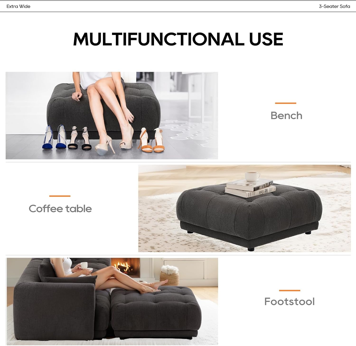 144 Inch Cloud Sectional Sofa With Ottoman In Gray