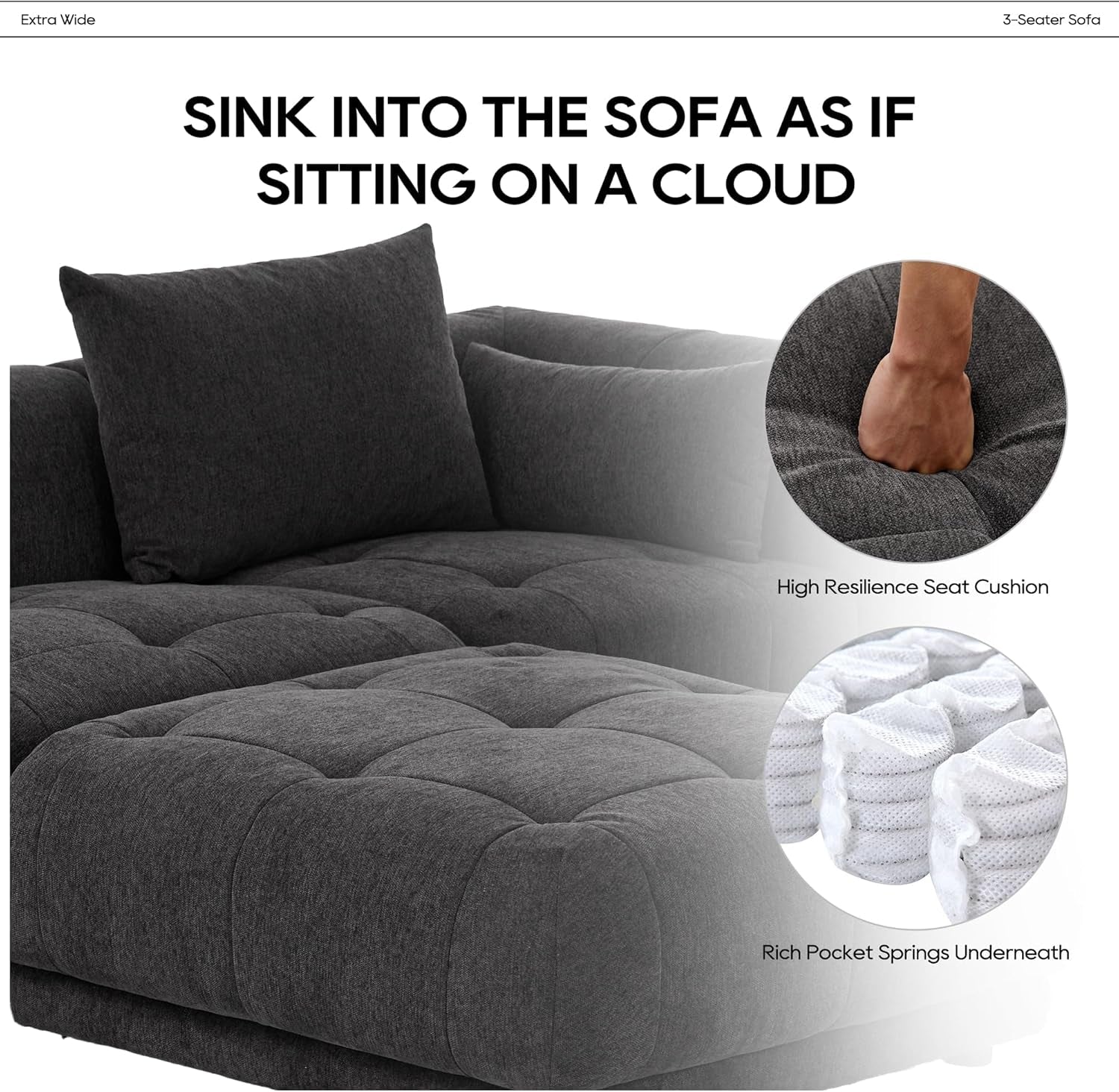 144 Inch Cloud Sectional Sofa With Ottoman In Gray