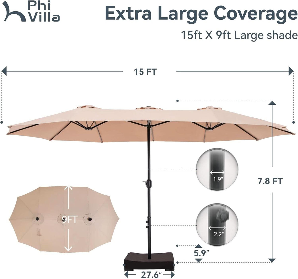 15 Foot Double Sided Patio Umbrella For Outdoor Shade