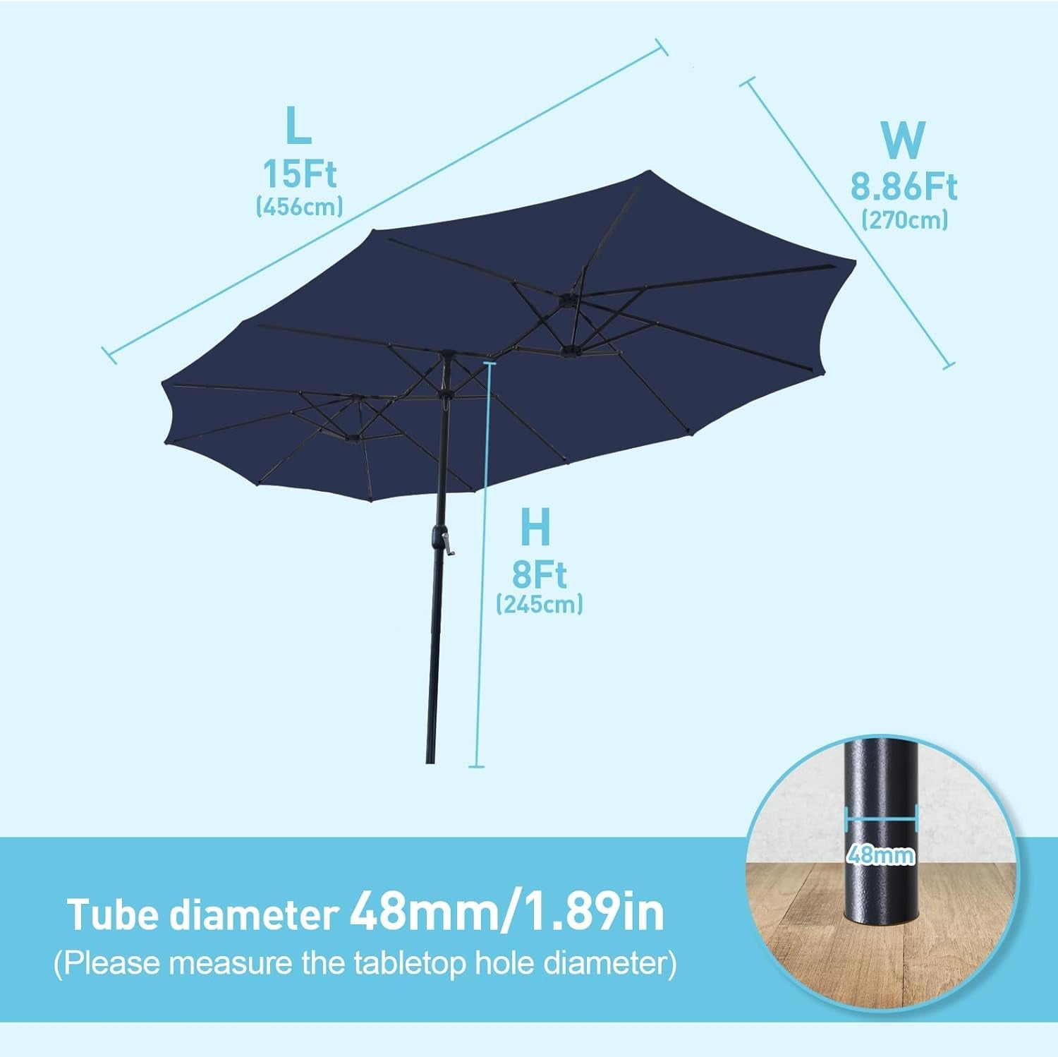 15Ft Blue Patio Umbrella With Base Crank Stand Included