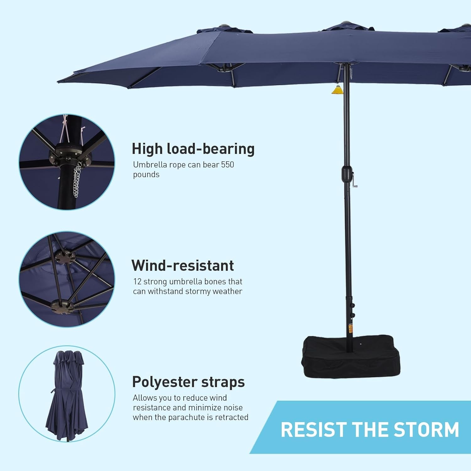 15Ft Blue Patio Umbrella With Base Crank Stand Included