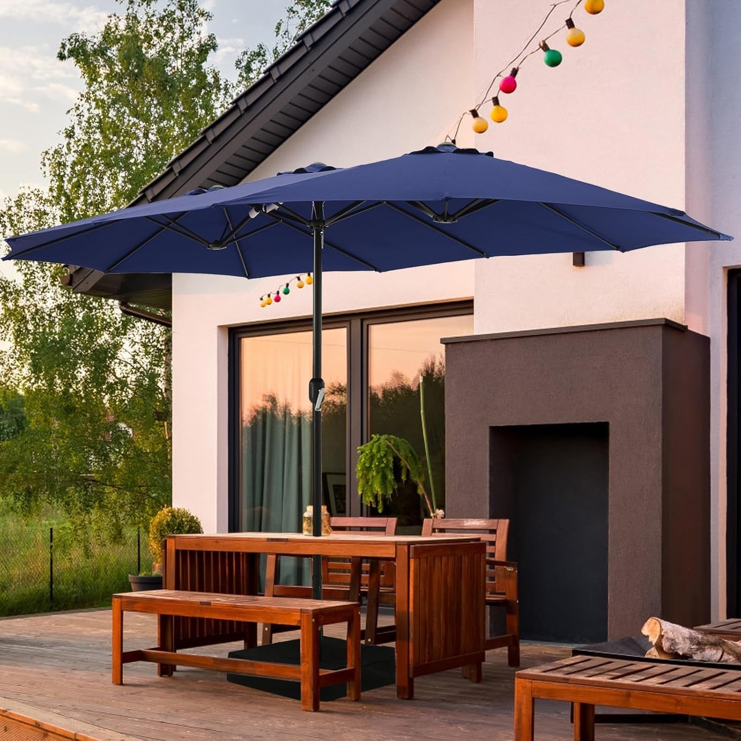 15Ft Blue Patio Umbrella With Base Crank Stand Included