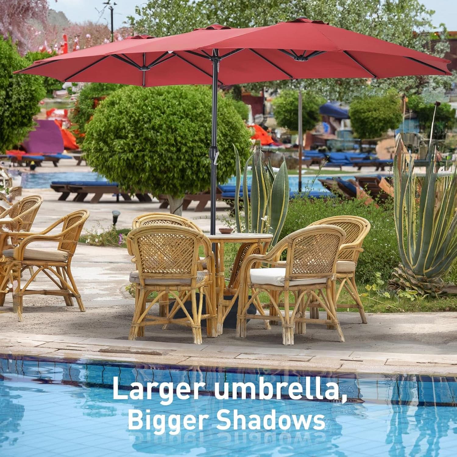 15Ft Red Patio Umbrella With Base UV Protected Outdoor