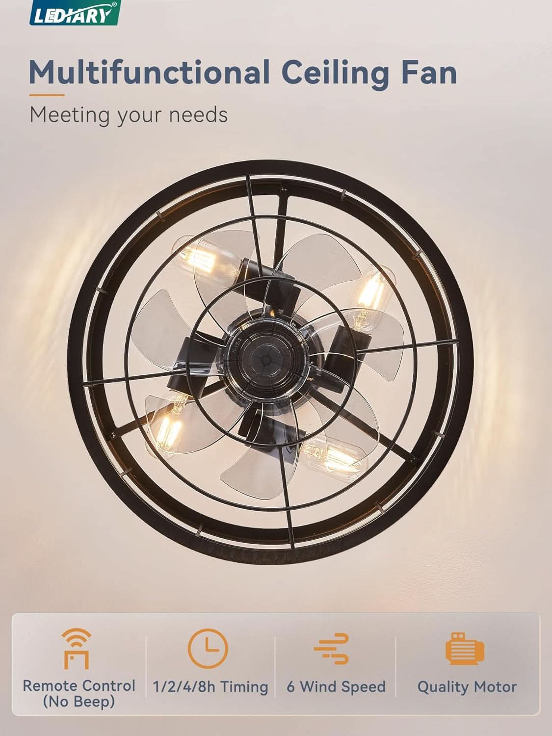 16.5 Inch Black Ceiling Fan Industrial Cage Design