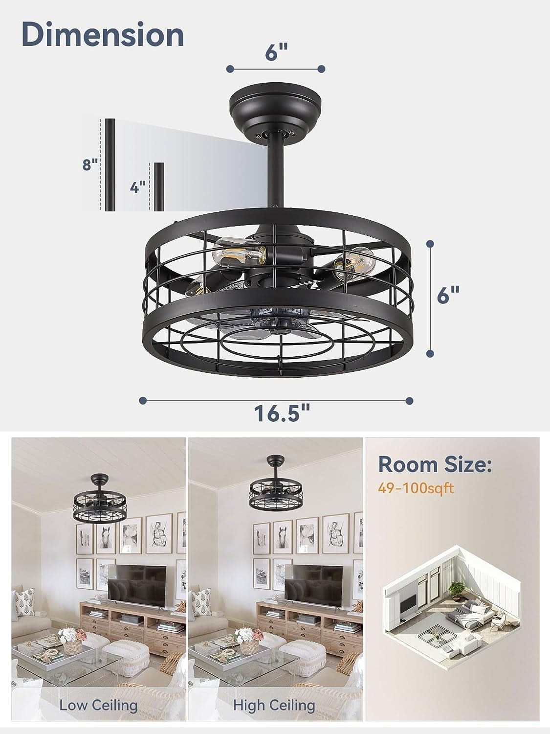 16.5 Inch Black Ceiling Fan Industrial Cage Design