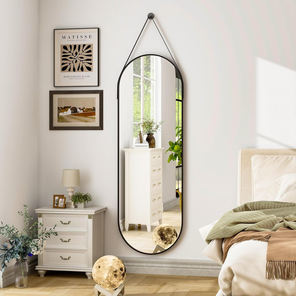 16x48 Inch Oval Hanging Mirror With Leather Strap Aluminum Frame Full Length