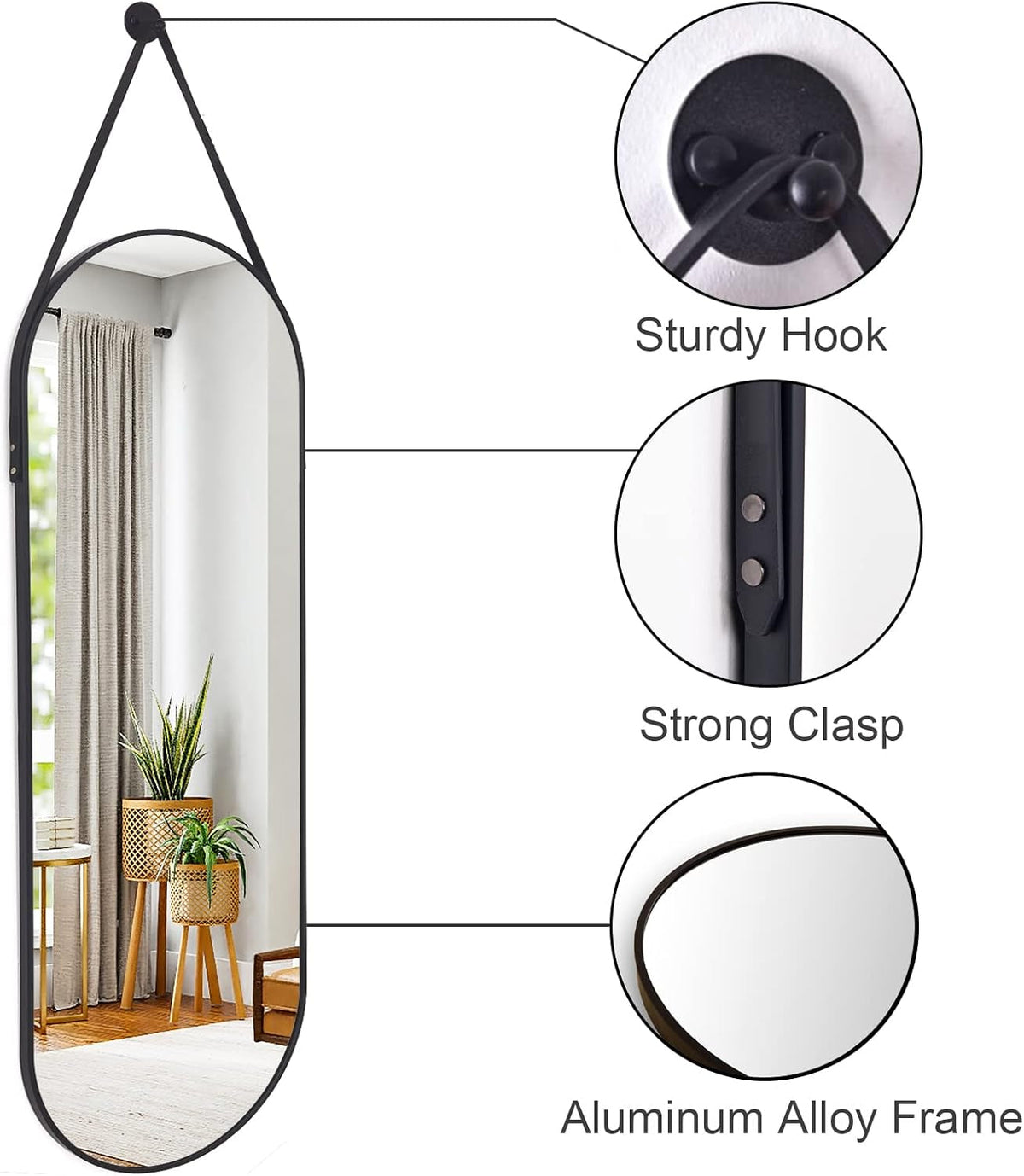 16x48 Inch Oval Hanging Mirror With Leather Strap Aluminum Frame Full Length
