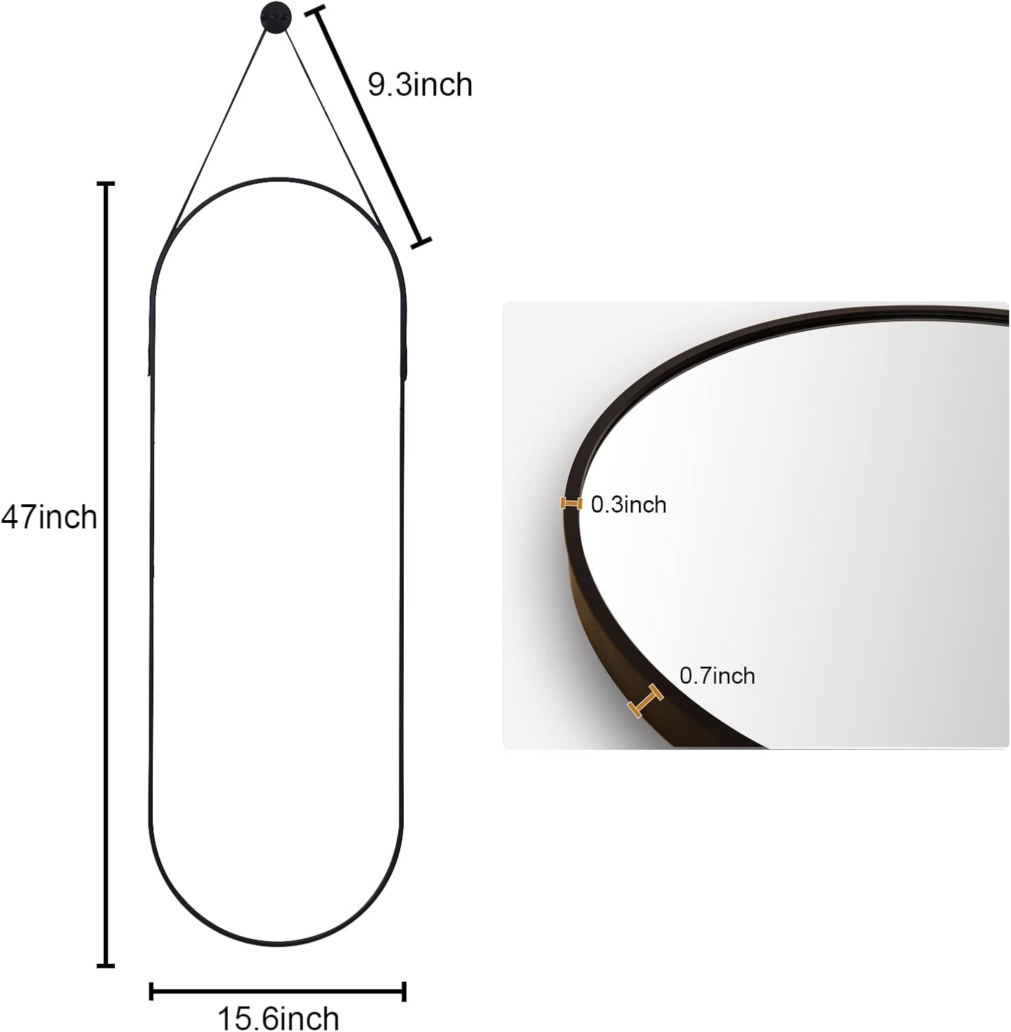 16x48 Inch Oval Hanging Mirror With Leather Strap Aluminum Frame Full Length