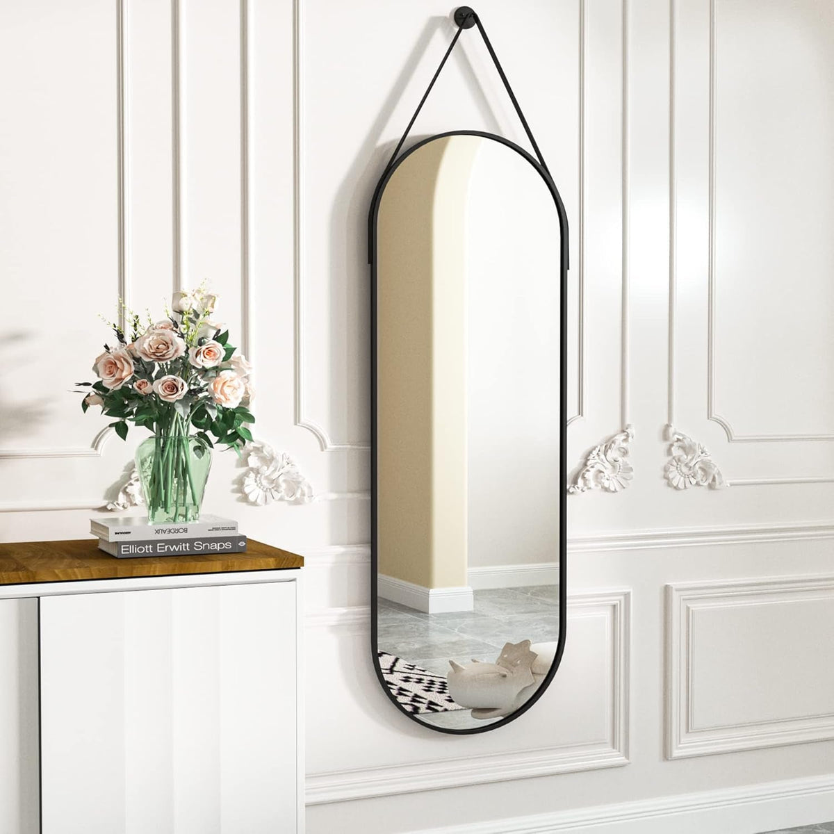16x48 Inch Oval Hanging Mirror With Leather Strap Aluminum Frame Full Length