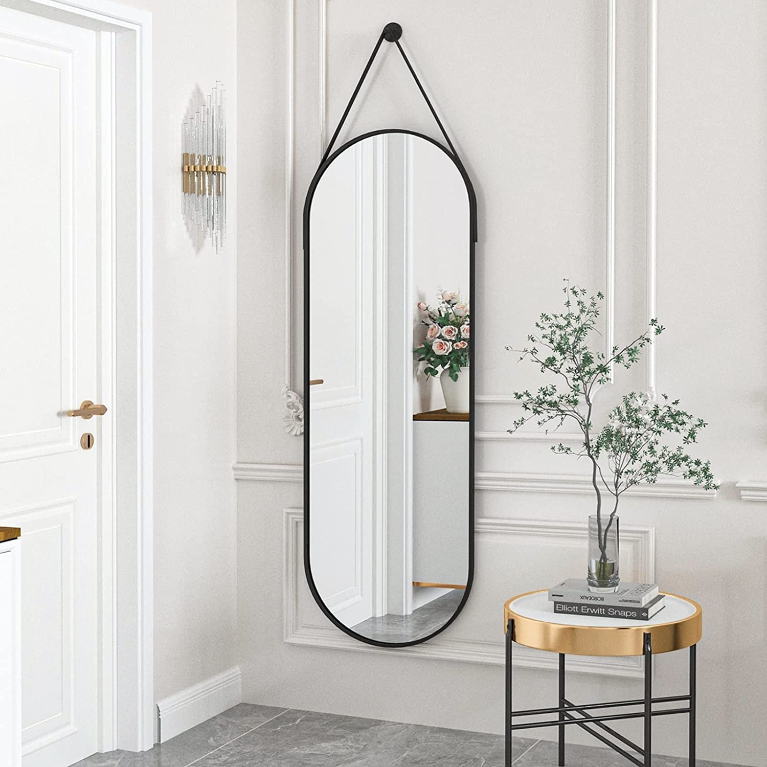 16x48 Inch Oval Hanging Mirror With Leather Strap Aluminum Frame Full Length