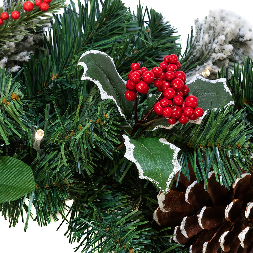 18" Battery-Operated LED Holly Berry and Pinecone Wreath
