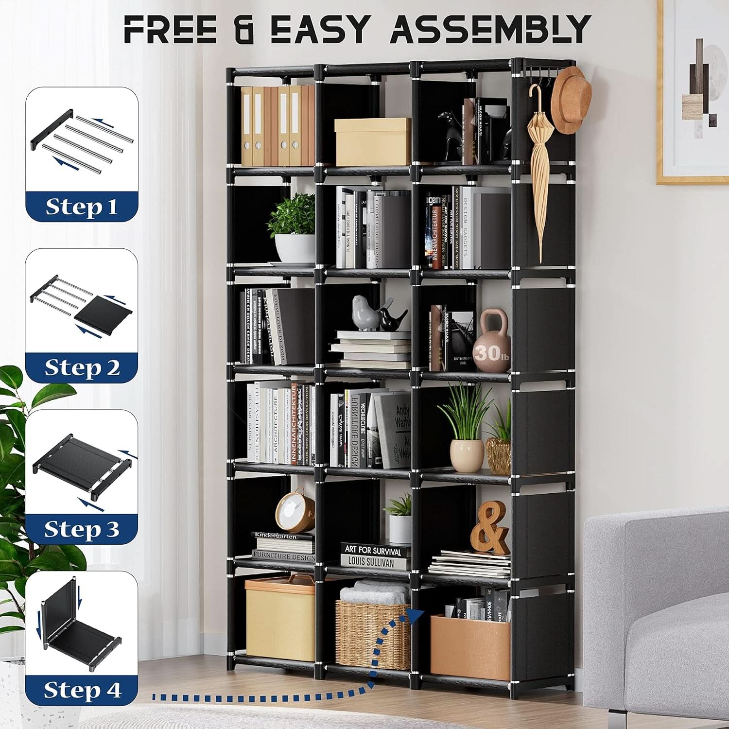 18 Cube Black Durable Bookcase With Storage Organizer
