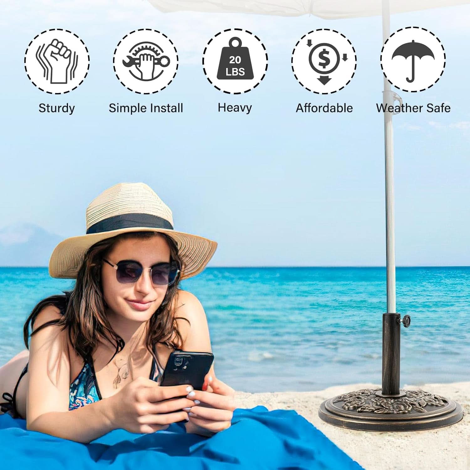 18 Inch Bronze Cast Stone Umbrella Base With Resin Shell For Patio Weather Resistant Outdoor Use