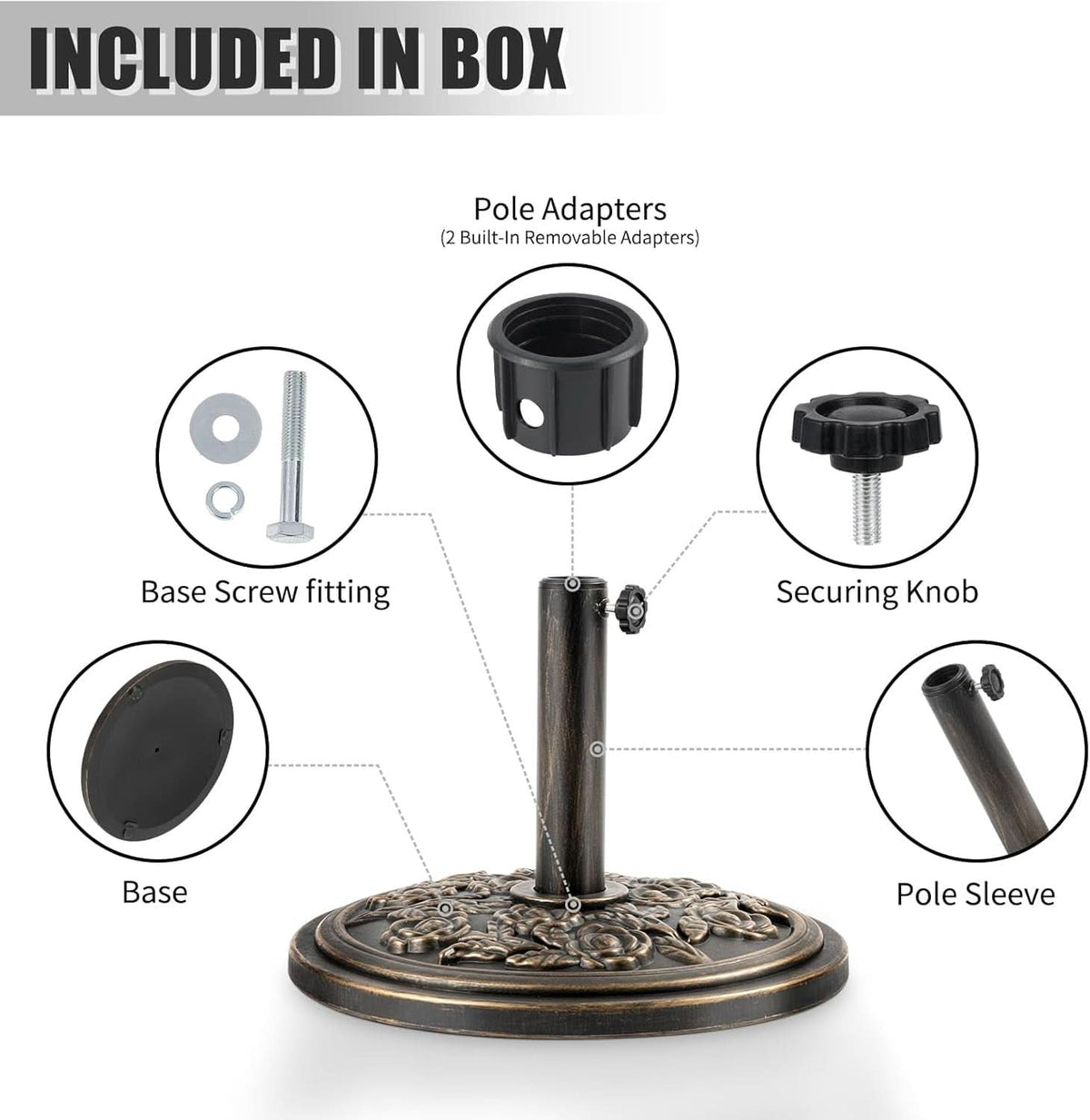 18 Inch Bronze Cast Stone Umbrella Base With Resin Shell For Patio Weather Resistant Outdoor Use