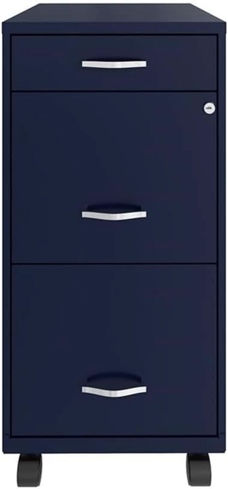 18 Inch Deep 3 Drawer Mobile Metal File Cabinet Navy With Cam Lock For Office Organization