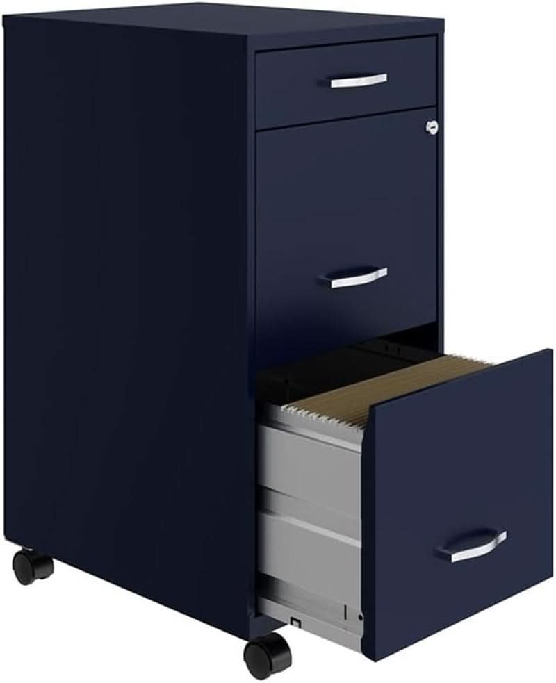 18 Inch Deep 3 Drawer Mobile Metal File Cabinet Navy With Cam Lock For Office Organization