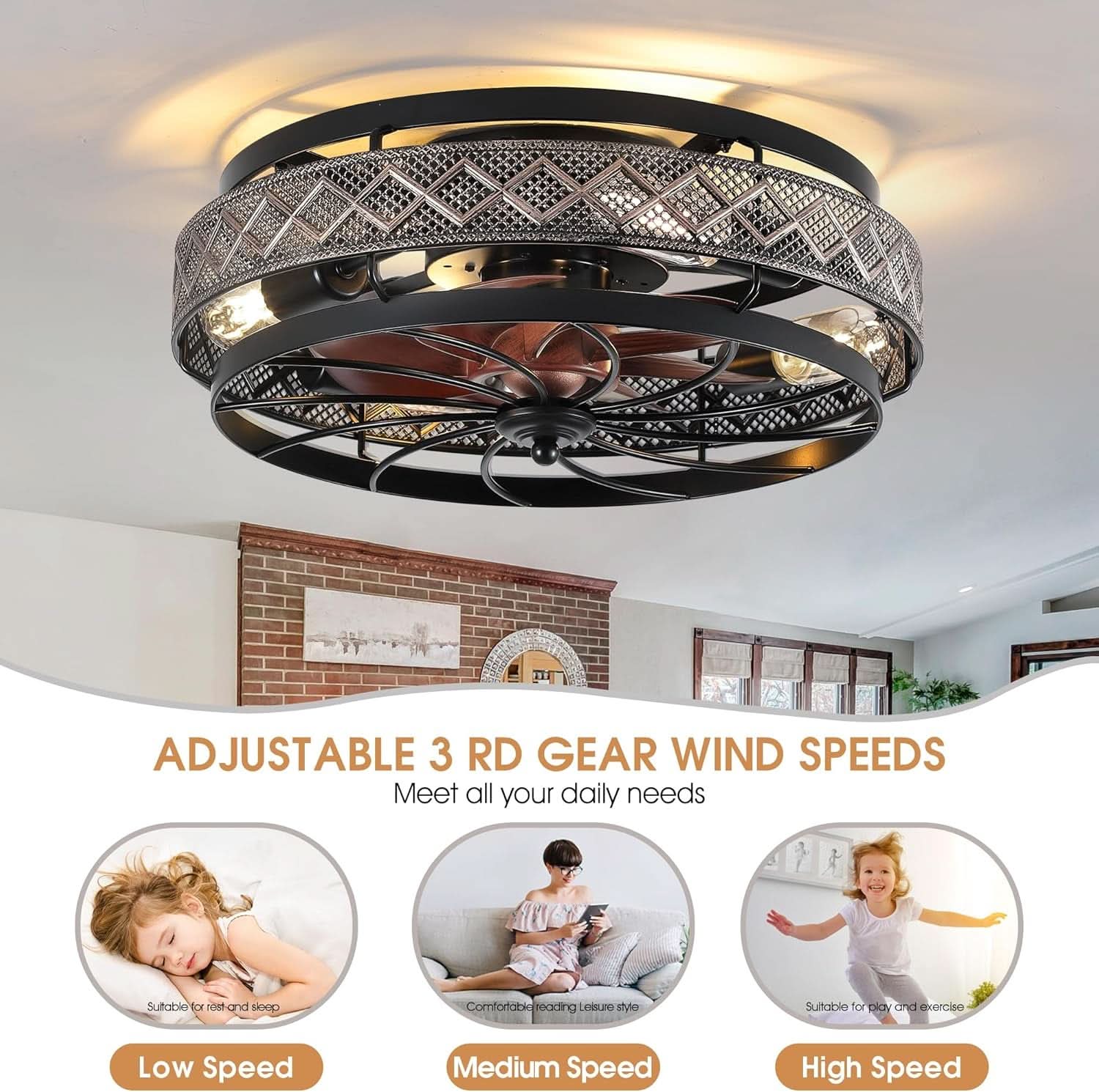 18 Inch Industrial Caged Ceiling Fan With Light Remote