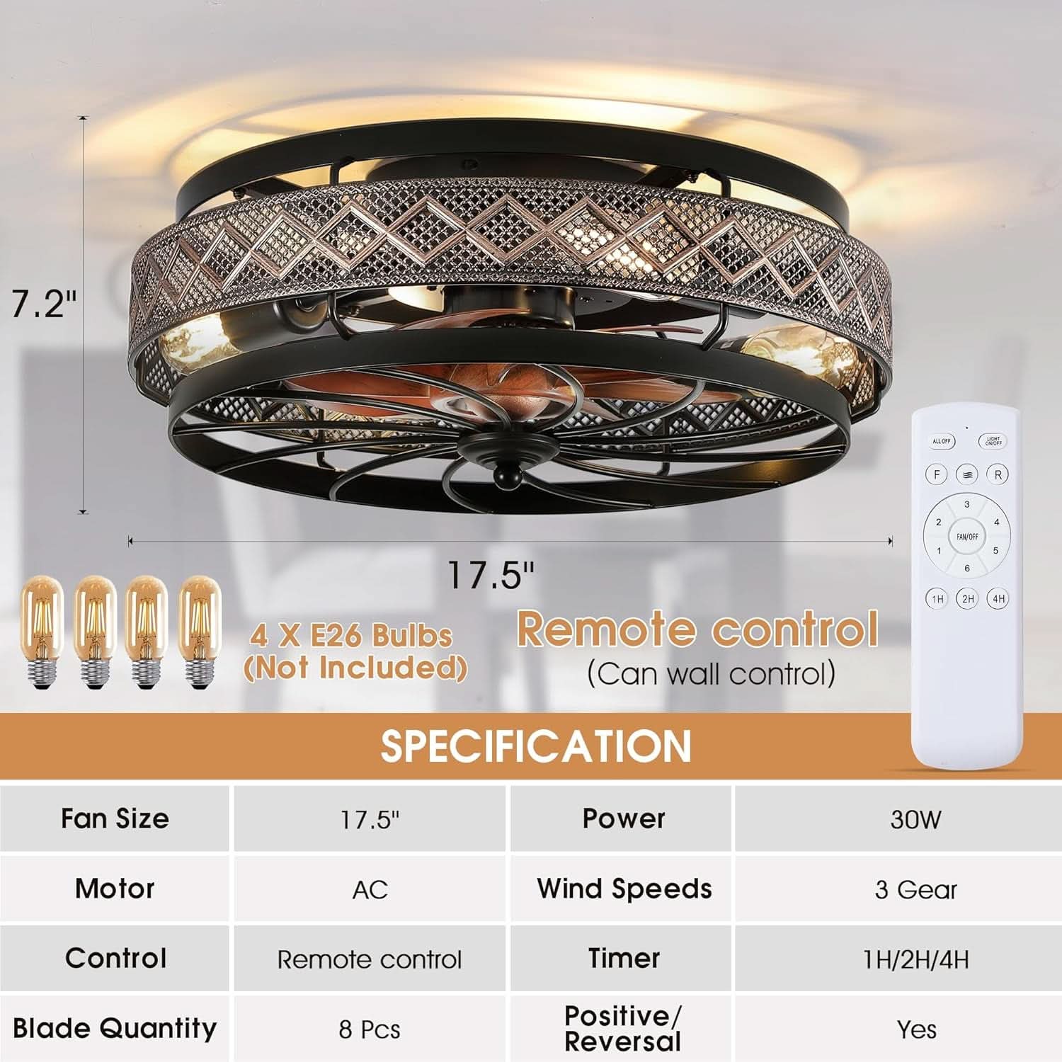 18 Inch Industrial Caged Ceiling Fan With Light Remote