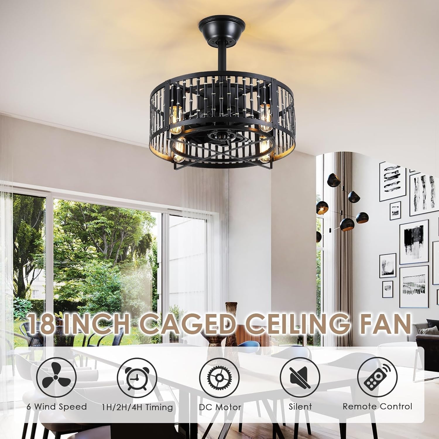 18 Inch Matte Black Caged Ceiling Fan With Led Lighting Remote Control Reversible Indoor Outdoor