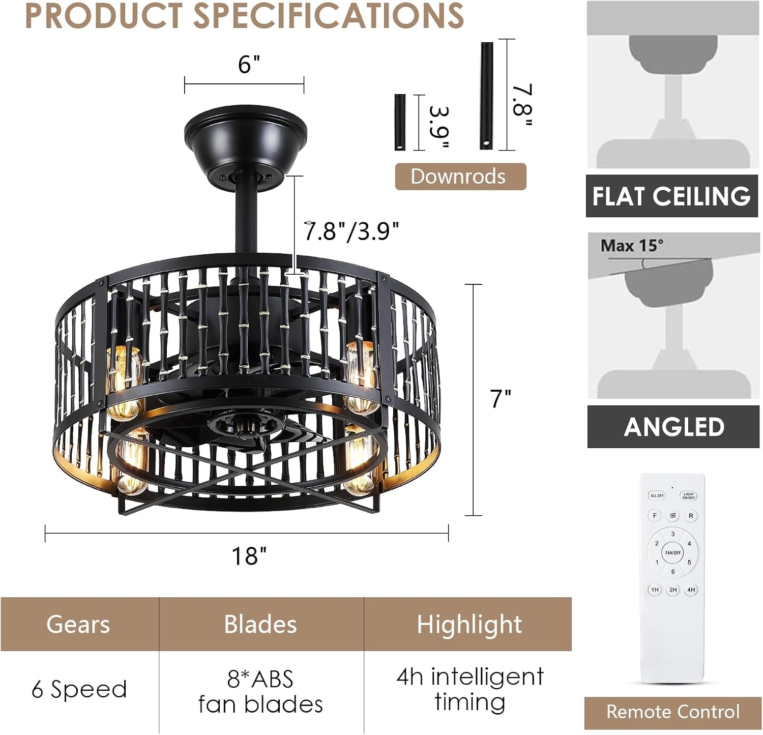 18 Inch Matte Black Caged Ceiling Fan With Led Lighting Remote Control Reversible Indoor Outdoor