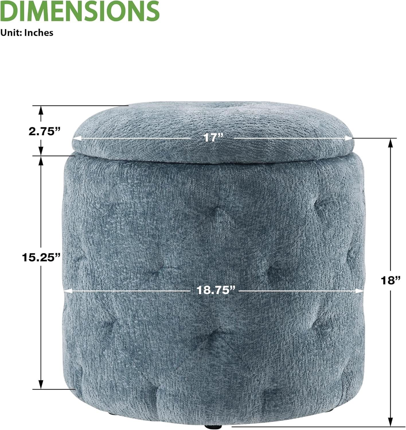 18.75 Inches Circumferential Sky Blue Storage Ottoman