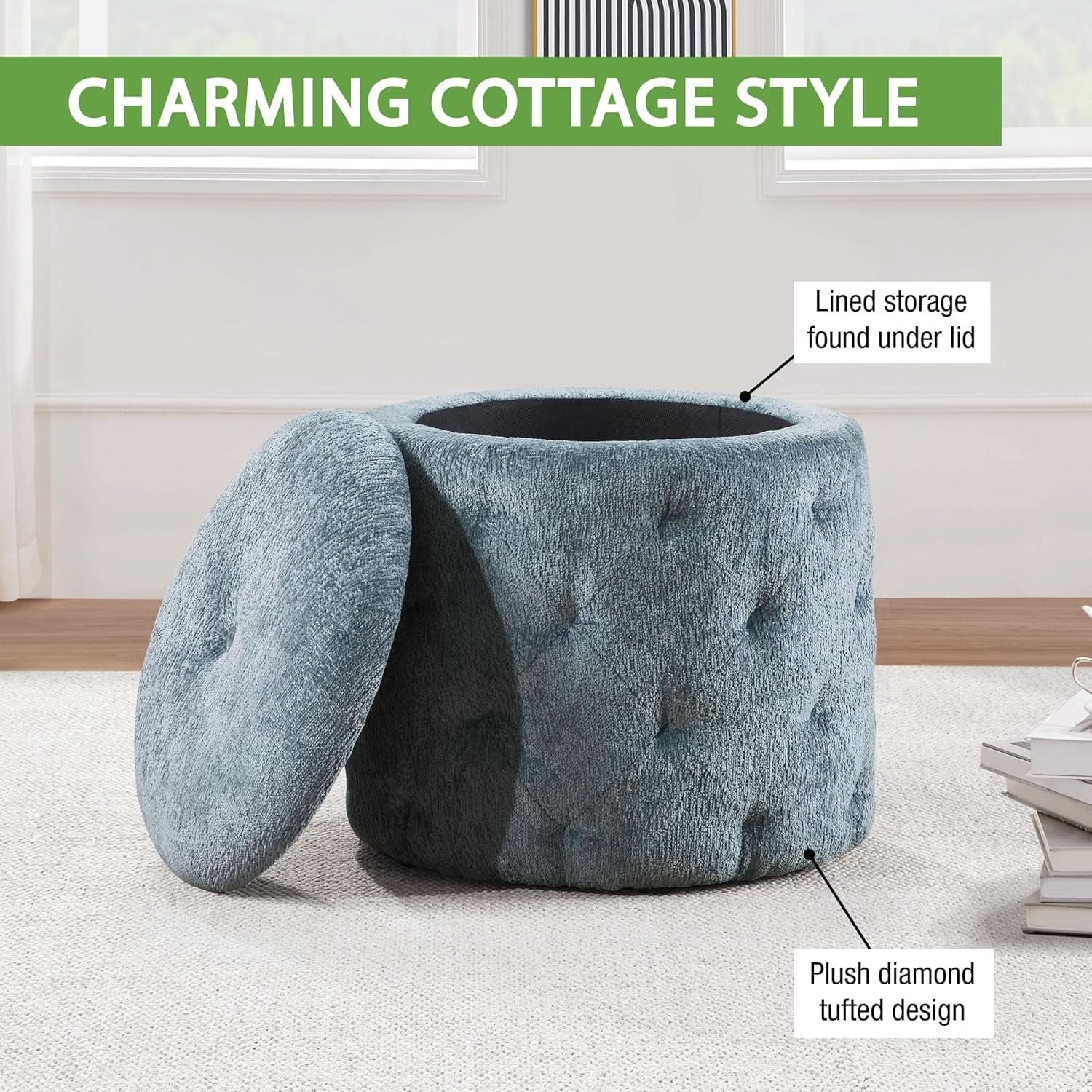 18.75 Inches Circumferential Sky Blue Storage Ottoman