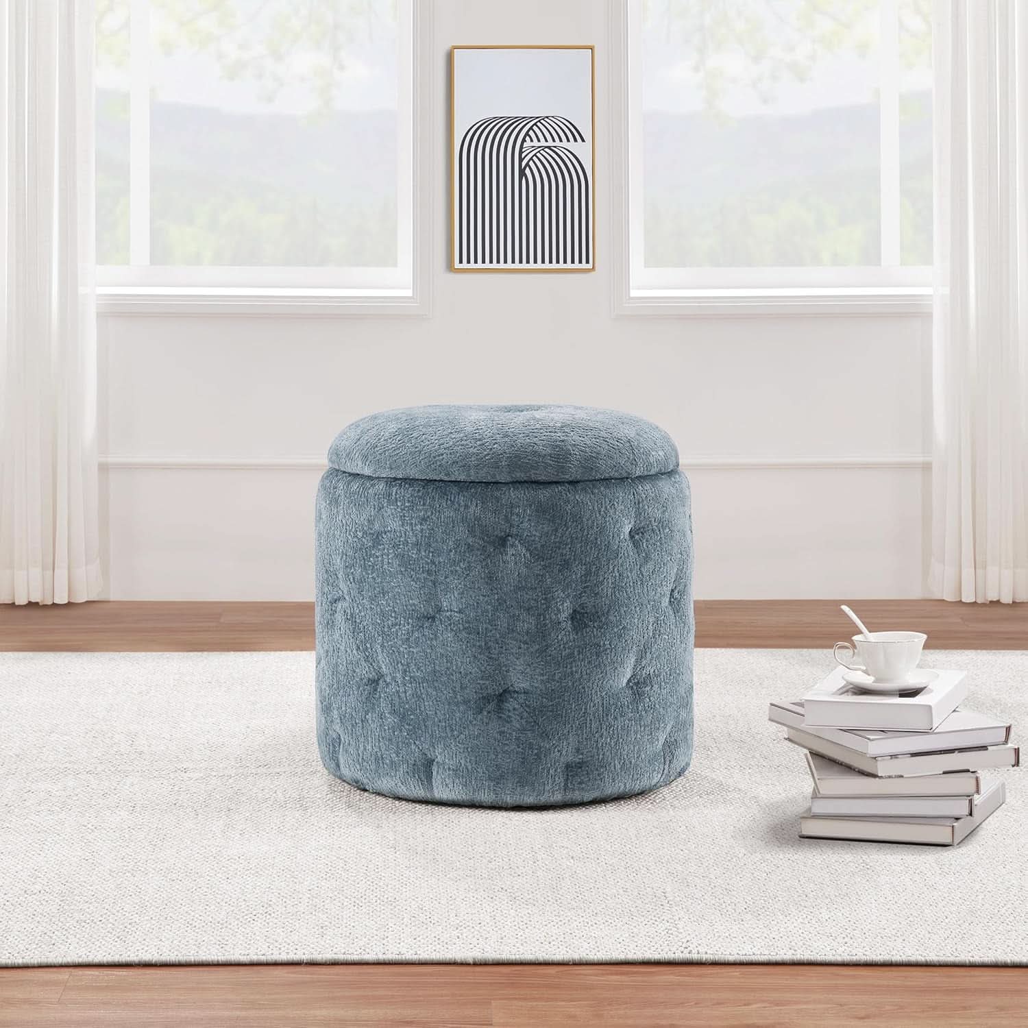 18.75 Inches Circumferential Sky Blue Storage Ottoman