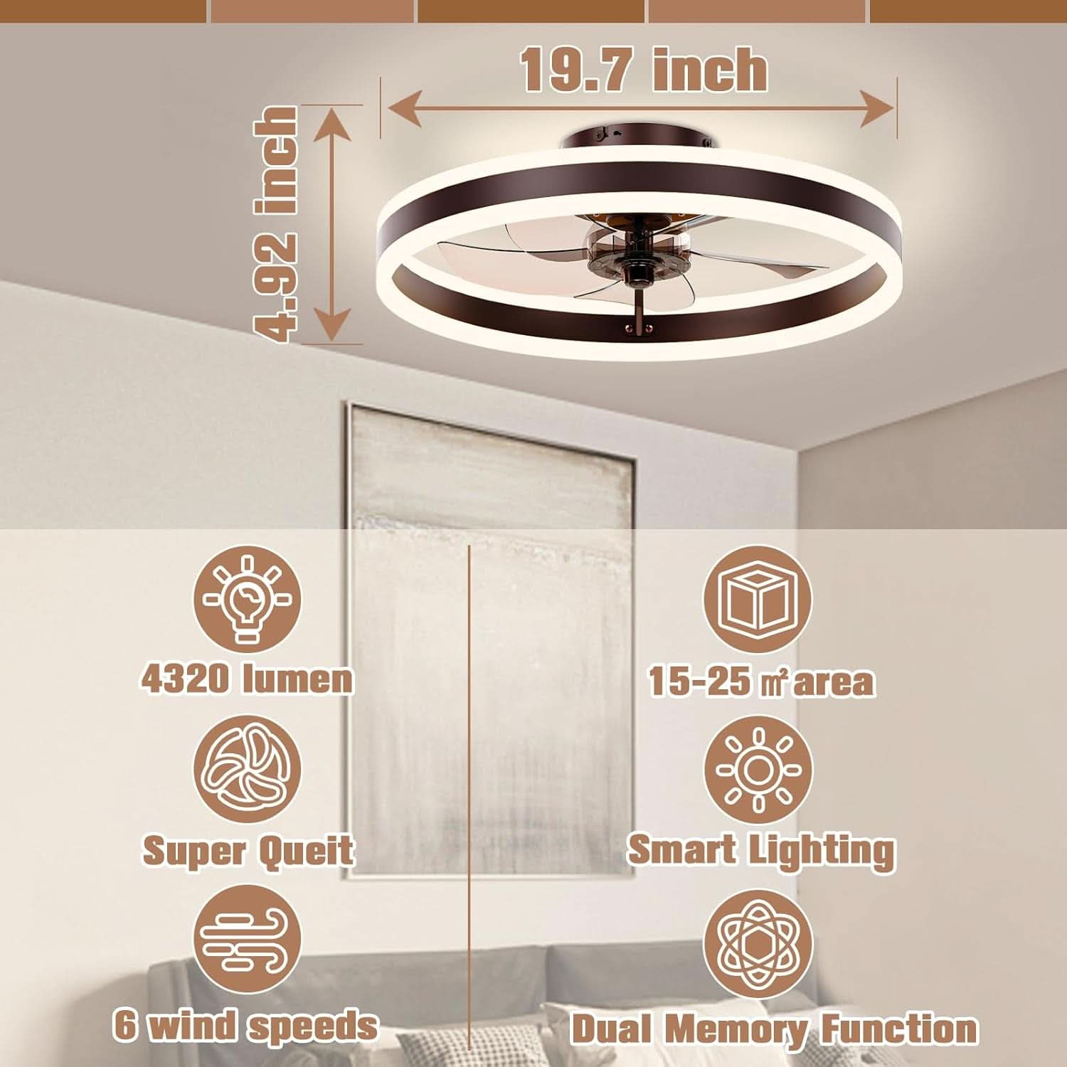 19.7 Inch Low Profile Ceiling Fan With Light Remote