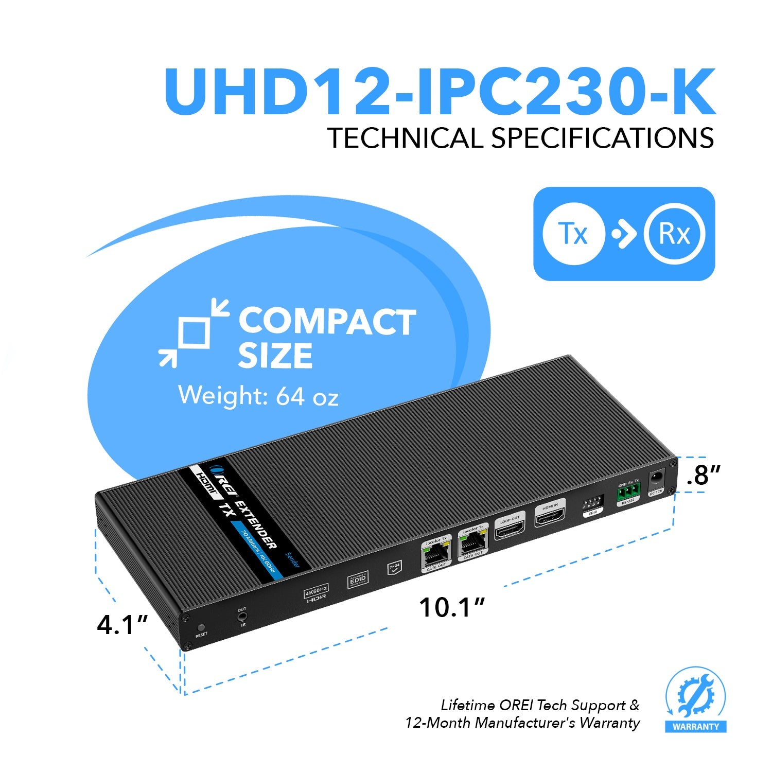 1x2 4K HDMI Extender Splitter Over Single CAT6/7 Up to 230 Ft - ipcolor Technology 18 Gbps, Bi-directional IR, RS-232, EDID (UHD12-IPC230-K)
