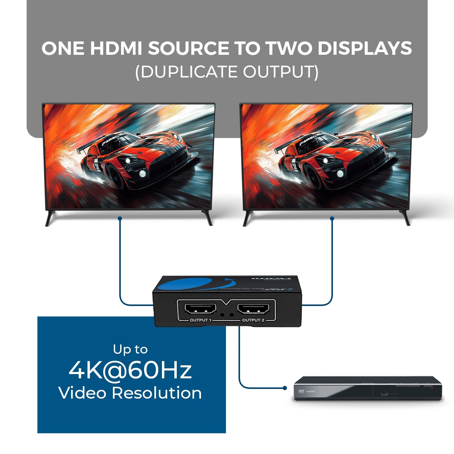 1x2 HDMI Splitter: 1-in 2-out, UltraHD 4K, Downscale, EDID (UHD-PRO102)