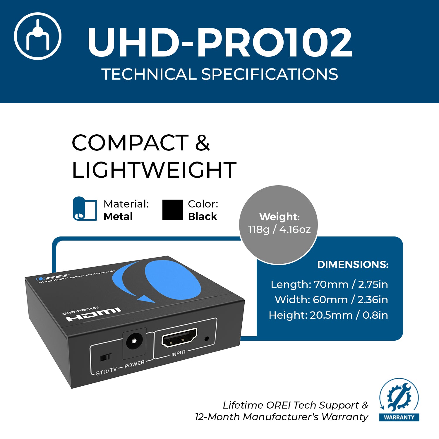 1x2 HDMI Splitter: 1-in 2-out, UltraHD 4K, Downscale, EDID (UHD-PRO102)