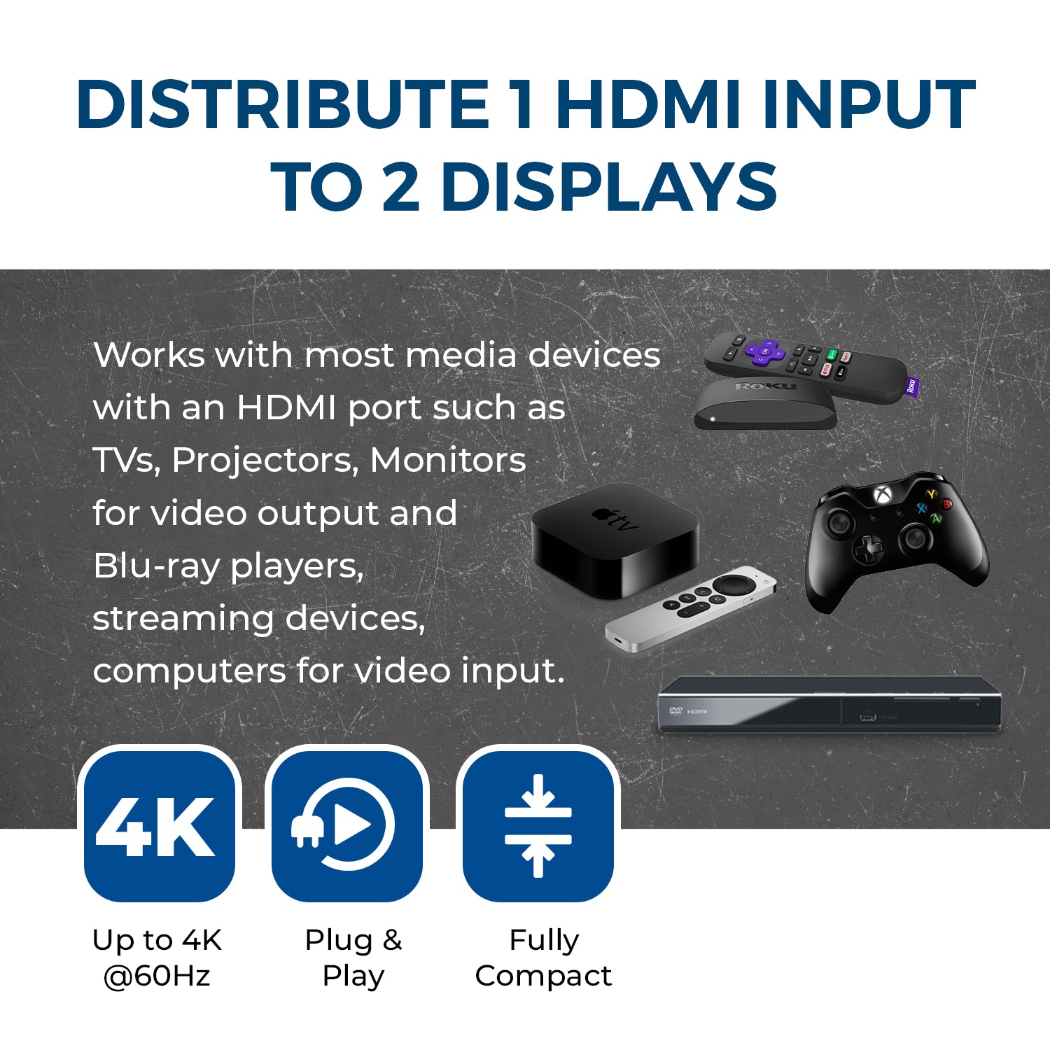 1x2 HDMI Splitter: 1-in 2-out, UltraHD 4K, Downscale, EDID (UHD-PRO102)