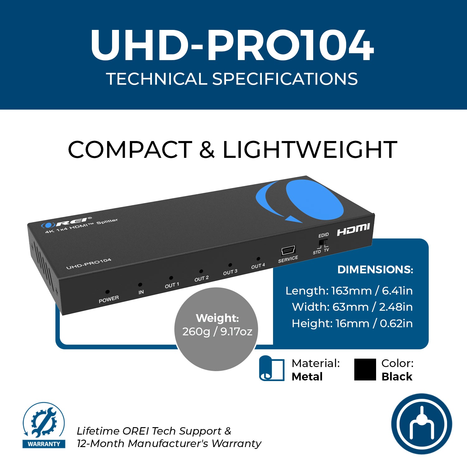 1x4 HDMI Splitter: 1-in 4-out, UltraHD 4K, Auto-Downscale, EDID (UHD-PRO104)