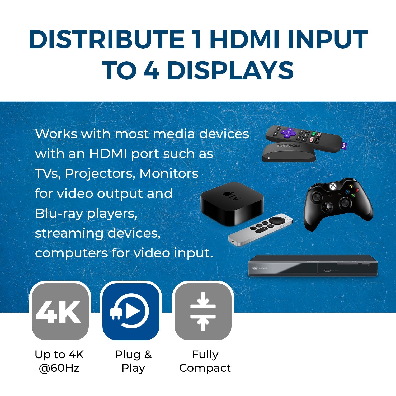 1x4 HDMI Splitter: 1-in 4-out, UltraHD 4K, Auto-Downscale, EDID (UHD-PRO104)