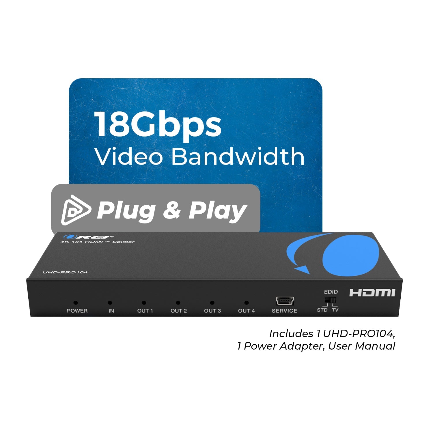 1x4 HDMI Splitter: 1-in 4-out, UltraHD 4K, Auto-Downscale, EDID (UHD-PRO104)