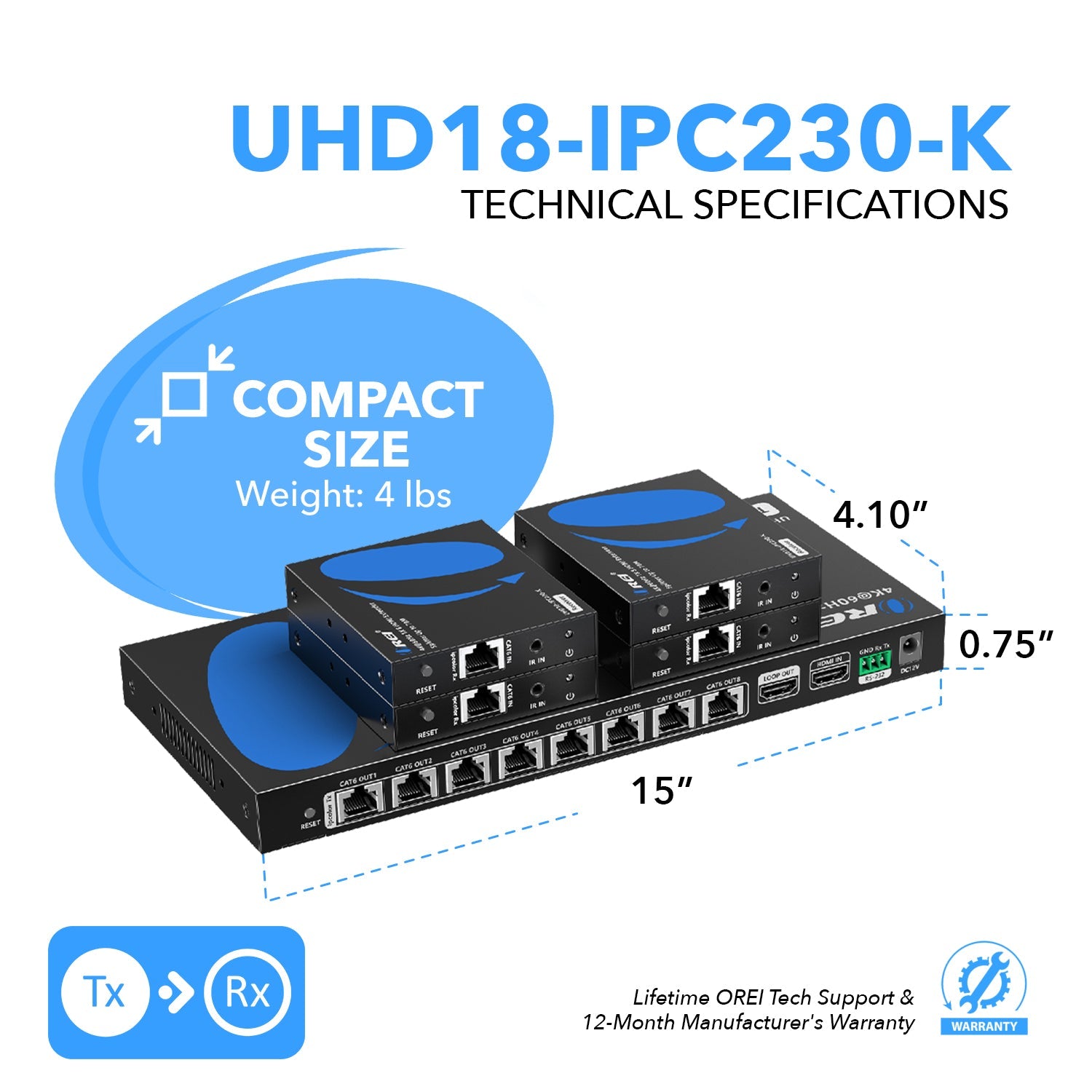 1x8 4K HDMI Extender Splitter Over Single CAT6/7 Up to 230 Ft - ipcolor technology 18 Gbps Bandwidth Bi-directional IR, RS-232 Control & Advance EDID (UHD18-IPC230-K)