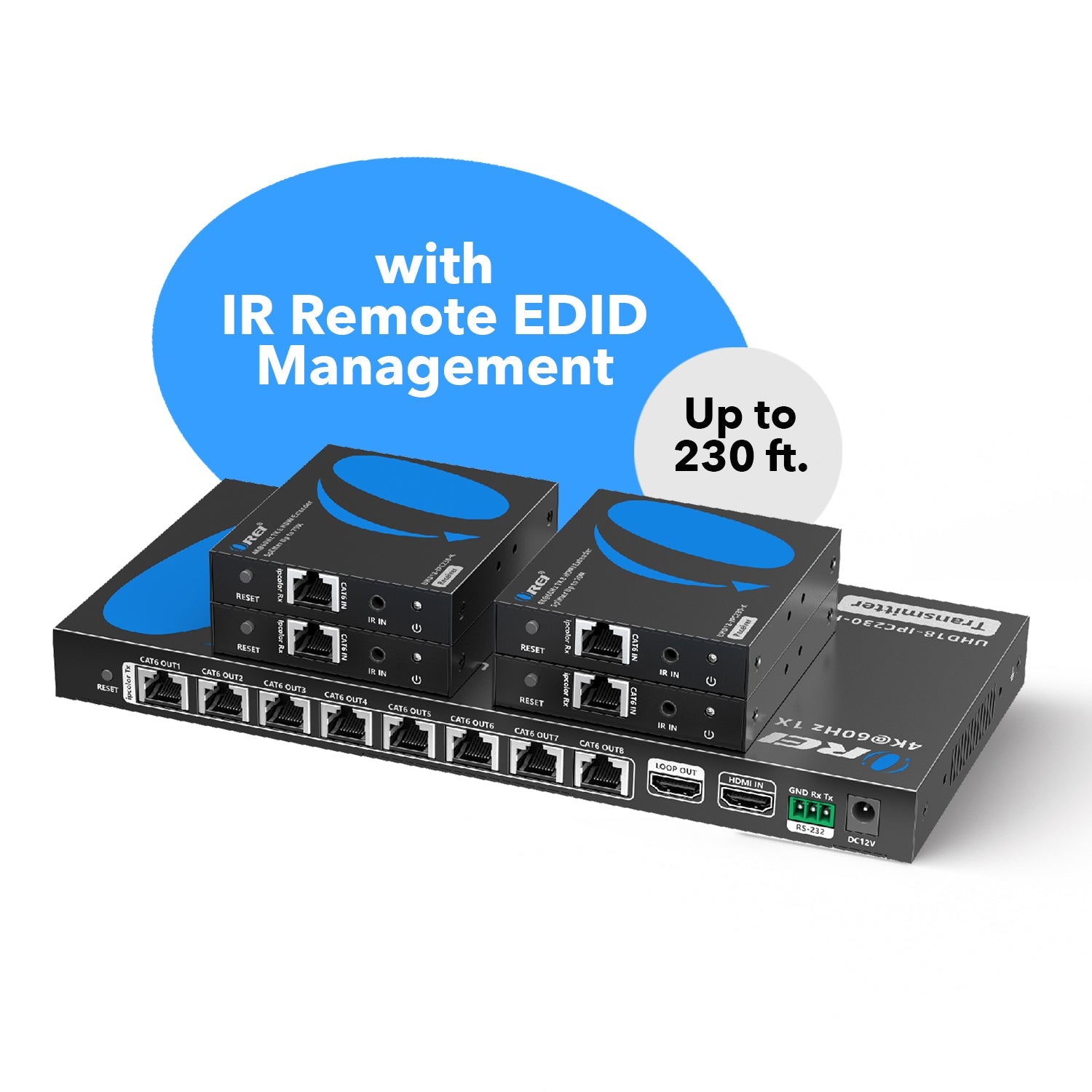 1x8 4K HDMI Extender Splitter Over Single CAT6/7 Up to 230 Ft - ipcolor technology 18 Gbps Bandwidth Bi-directional IR, RS-232 Control & Advance EDID (UHD18-IPC230-K)