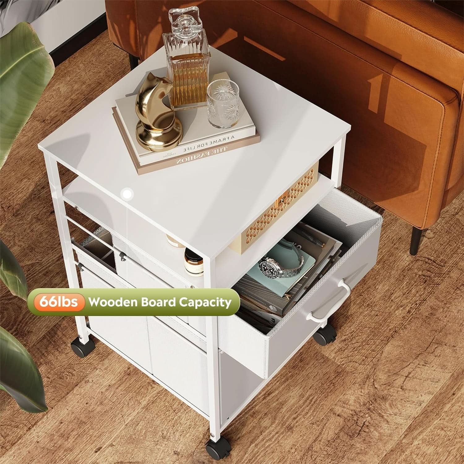 2 Drawer Fabric Vertical Filing Cabinet With Rolling Printer Stand For Home Office White