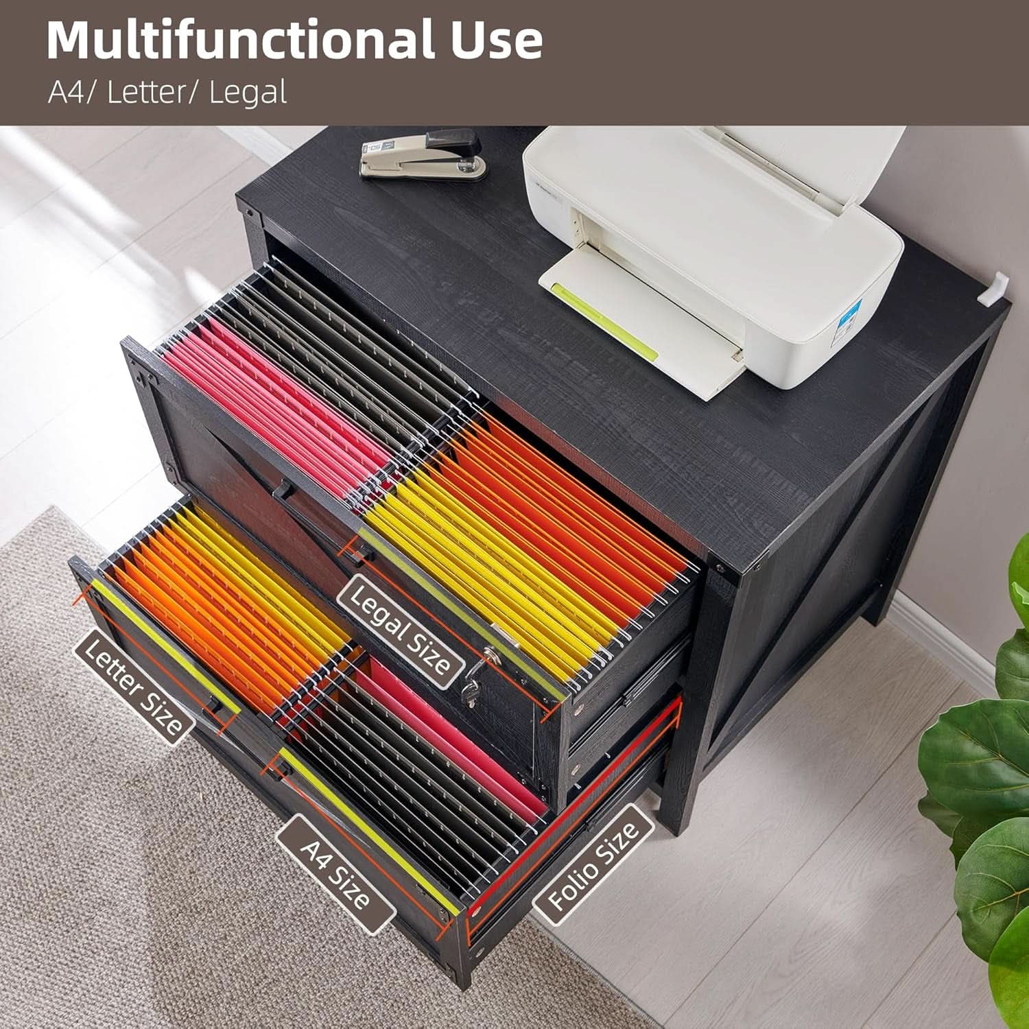 2 Drawer Farmhouse Lateral Filing Cabinet With Lock Black Finish Fits Legal Letter A4 F4