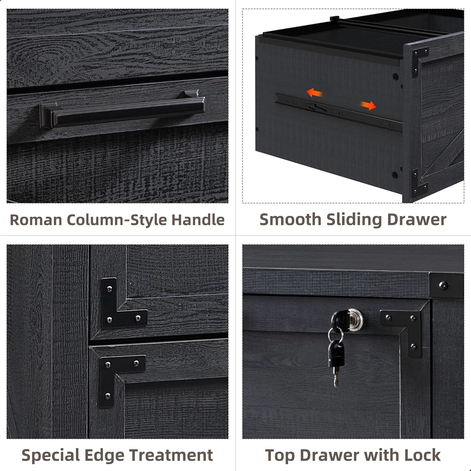 2 Drawer Farmhouse Lateral Filing Cabinet With Lock Black Finish Fits Legal Letter A4 F4
