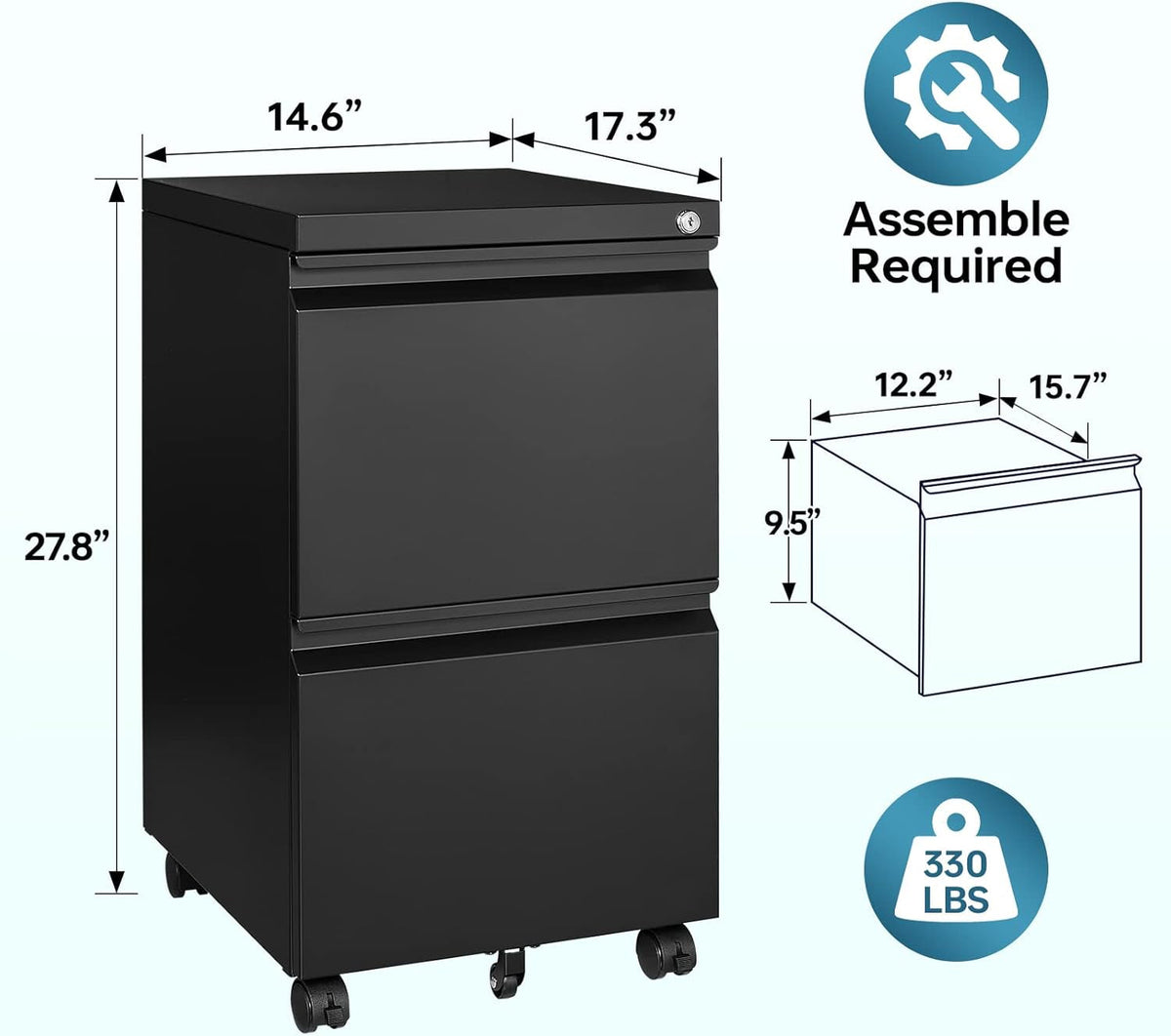 2 Drawer File Cabinet On Wheels For Home Office Under Desk With Lock Vertical Letter Legal A4 Files Fully Assembled