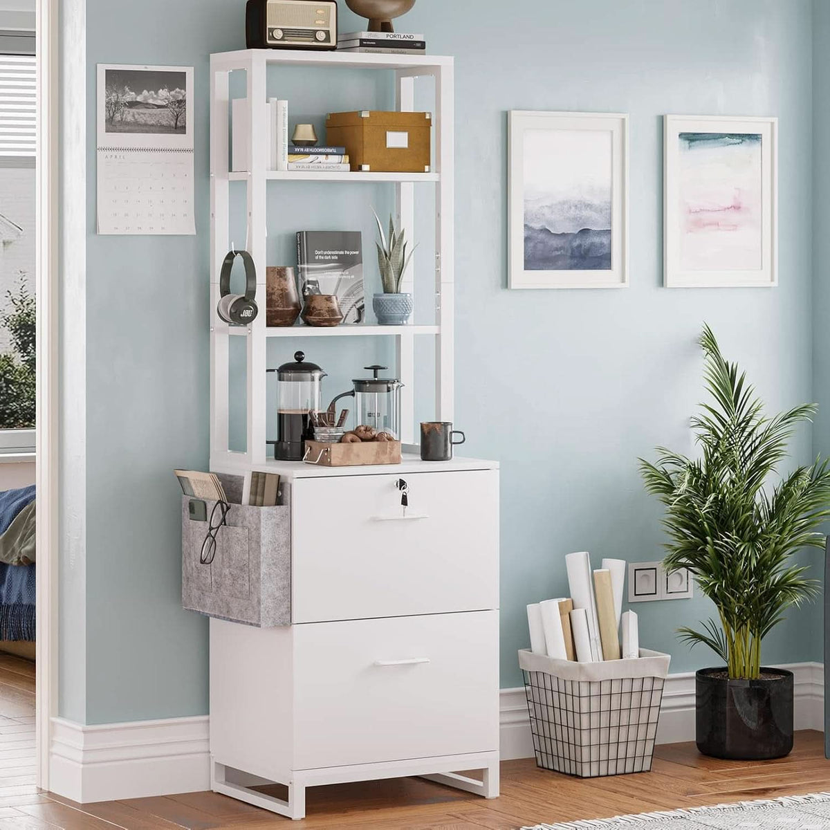 2 Drawer File Cabinet With Lock For Letter Legal A4 Folders White With Storage Bag Open Shelf And Hook